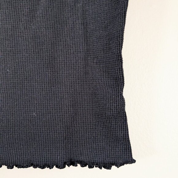 Slim Fit Scallop Hem Waffle Knit Baby Tee Black Crew Neck Cotton Poly Women's M - Picture 2 of 7